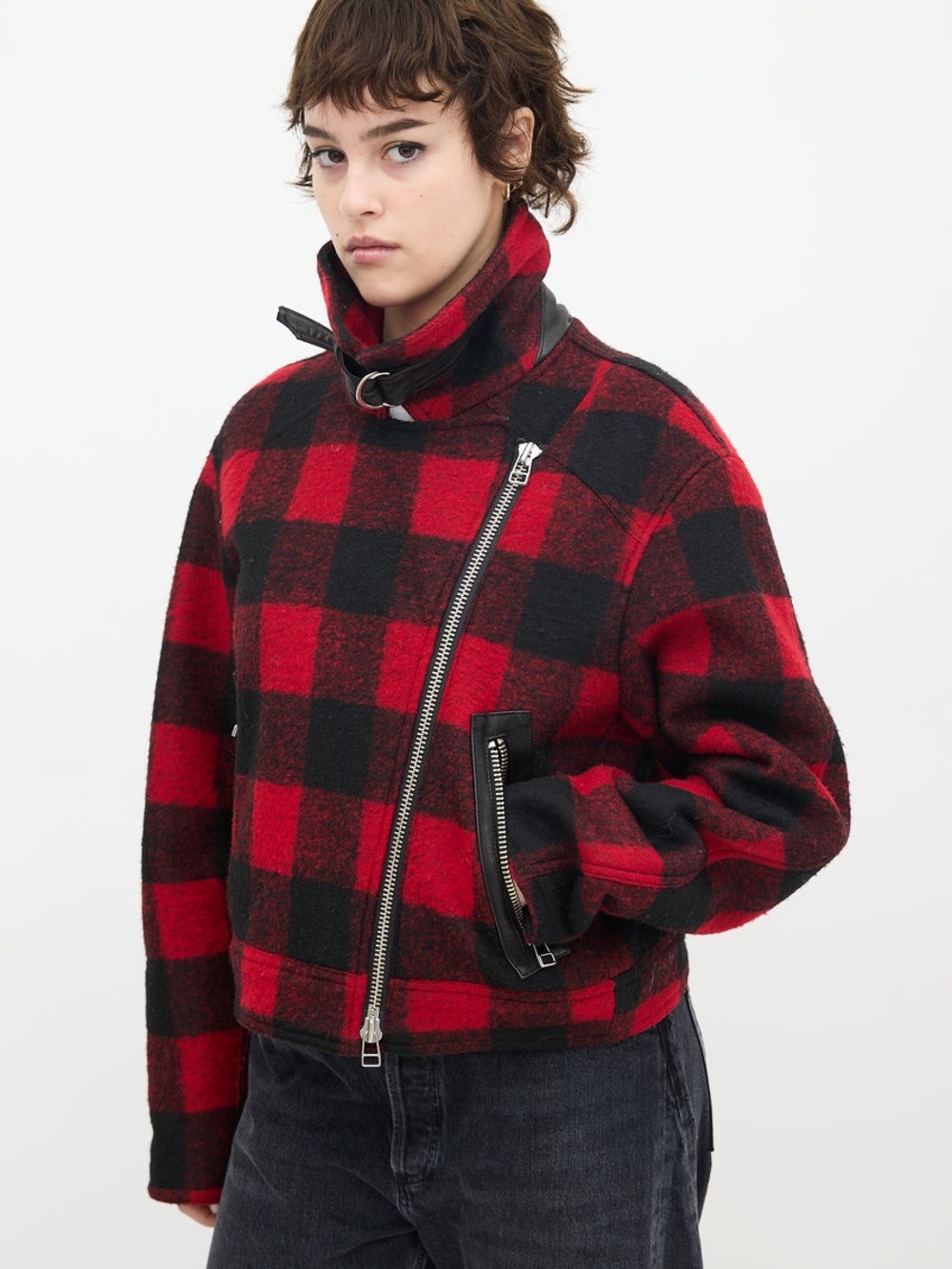 $690 Veronica Beard Benni Faux Shearling Buffalo Check Wool Moto Jacket Size M